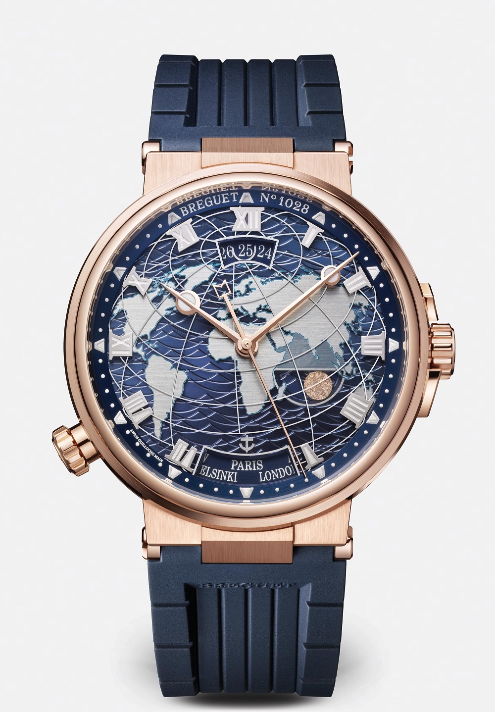 ROSE GOLD BLUE RUBBER DIAL WATCH WORLD TIME